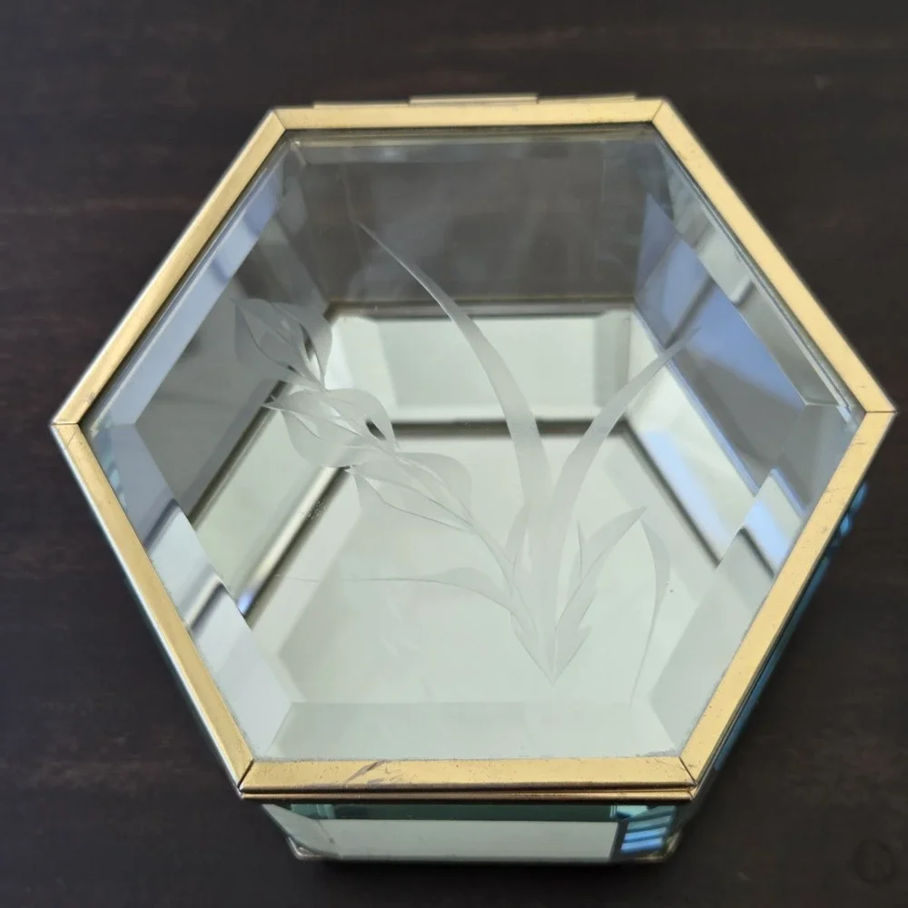 Vintage Hexagonal Floral Etched Glass Mirrored Jewelry Trinket Box